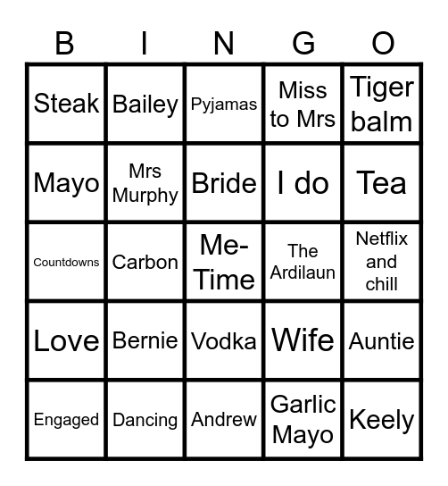 Rachel's Hen Bingo Card