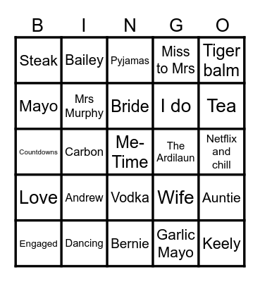Rachel's Hen Bingo Card