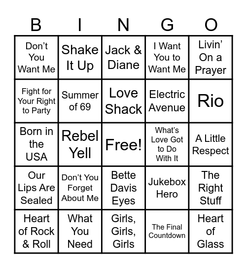 80's MUSIC Bingo Card