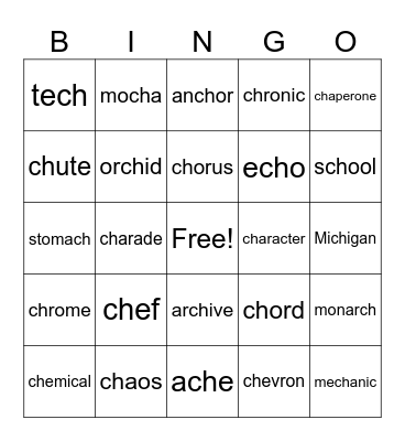Ch says /sh/ and /k/ Bingo Card