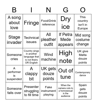 Eurovision 2025 Bingo Card