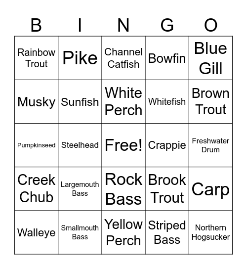 Fishing Bingo Card