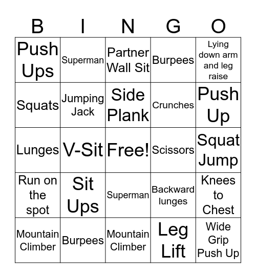 Spin It Fitness Bingo Card