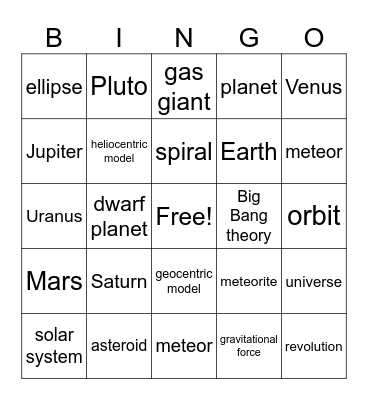 Astronomy Bingo Card