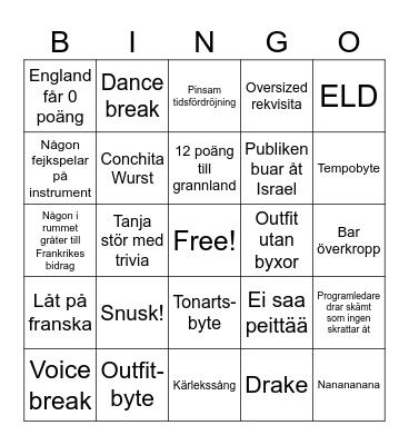 Eurovision Bingo Card