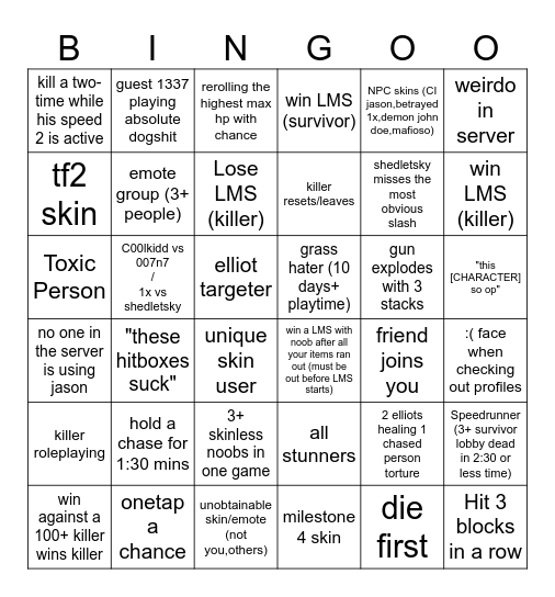 forsaken Bingo Card