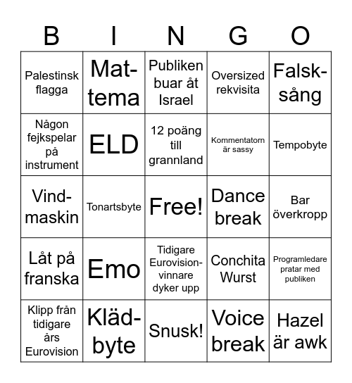 Eurovision Bingo Card