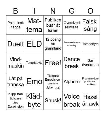 Eurovision Bingo Card