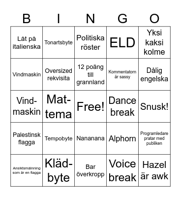 Eurovision Bingo Card