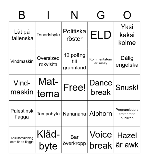 Eurovision Bingo Card
