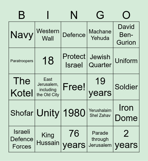 IDF & Yom Yerushalayim Bingo Card