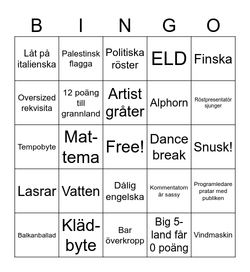 Eurovision Bingo Card