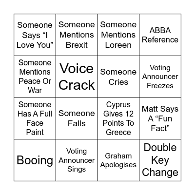 Eurovision Bingo Card