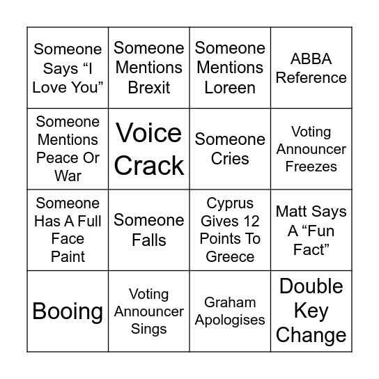 Eurovision Bingo Card