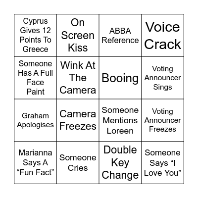 Eurovision Bingo Card