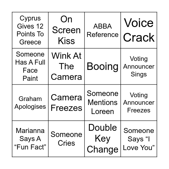Eurovision Bingo Card