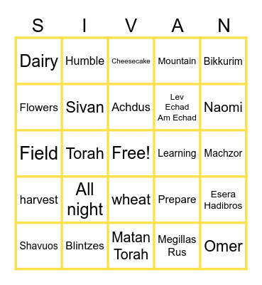 Rosh Chodesh Sivan Bingo Card