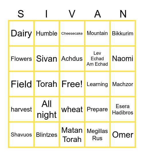 Rosh Chodesh Sivan Bingo Card