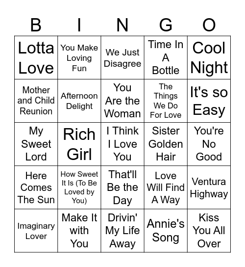 70's Easy Listening Bingo Card
