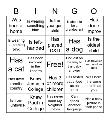 Baby Jackson Ice Breaker Game Bingo Card