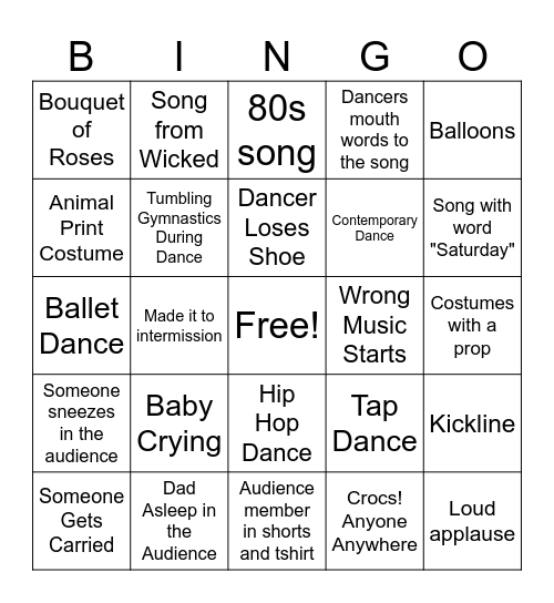 Dance Recital 2025 Bingo Card