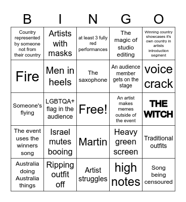 Eurovision Bingo Card
