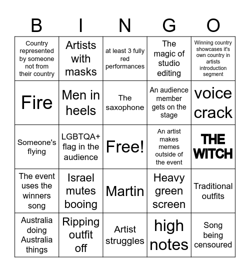 Eurovision Bingo Card