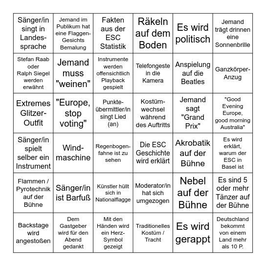 ESC 2025 Bingo Card