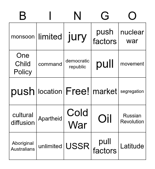 World Cultures Review Bingo Card