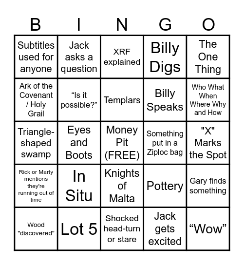 Curse of Oak Island Bingo Card