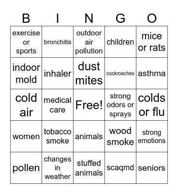 Asthma Triggers Bingo Card