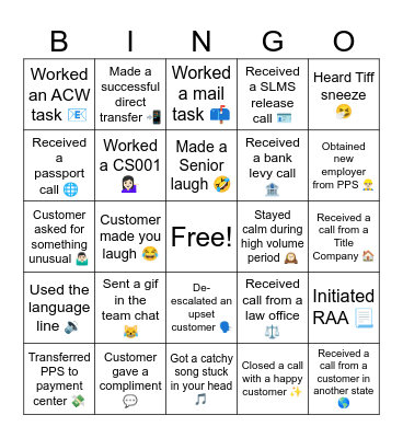 Call Center Bingo Card