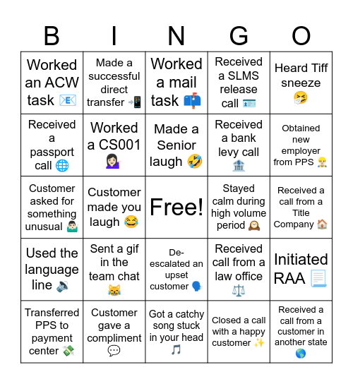 Call Center Bingo Card
