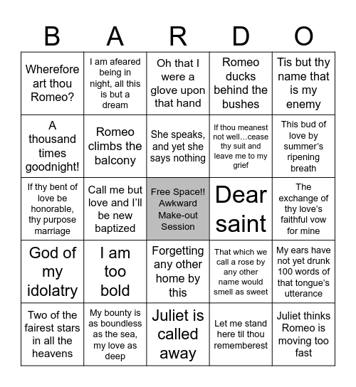 Zeffirelli's Balcony Scene Bingo Card