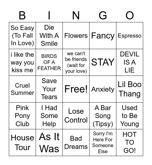 2025-2026 Radio Hits Bingo Card