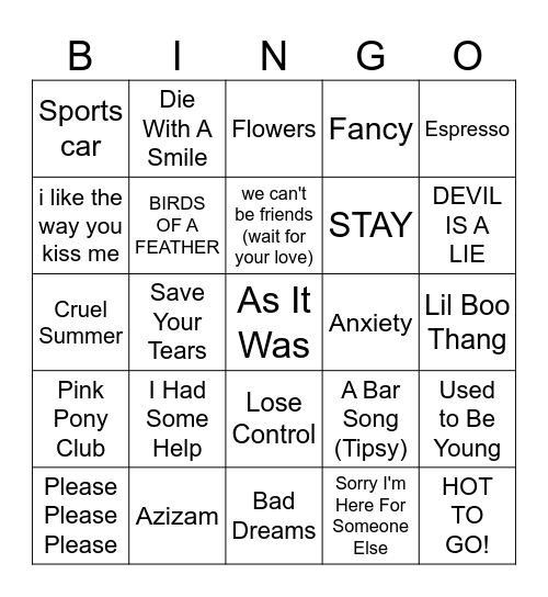 2025 Radio Hits Bingo Card