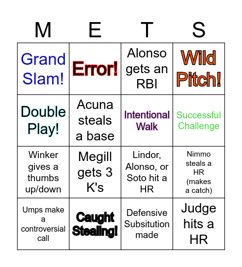 Mets v Yanks Game 1 Bingo Card