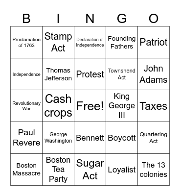Revolutionary War Bingo Card