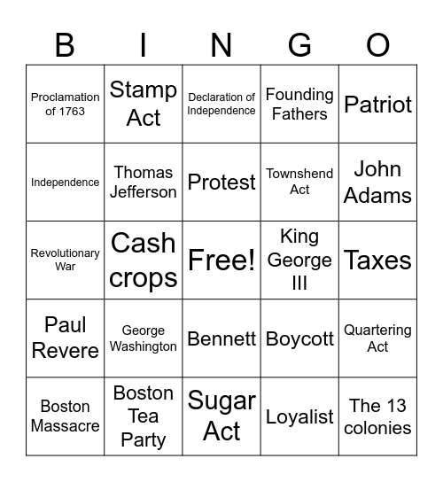 Revolutionary War Bingo Card