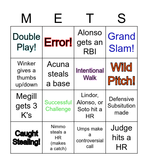 Mets v Yanks Game 1 Bingo Card