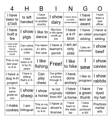 4-H Capital Bingo Card