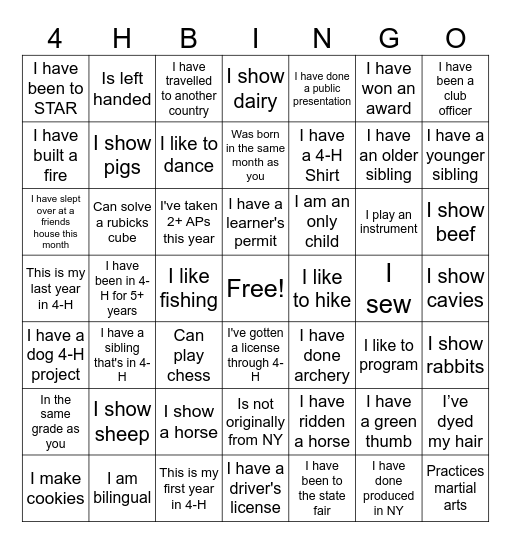 4-H Capital Bingo Card
