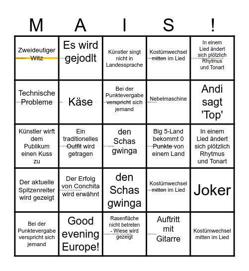 Eurovision Song Contest 2025 Bingo Card