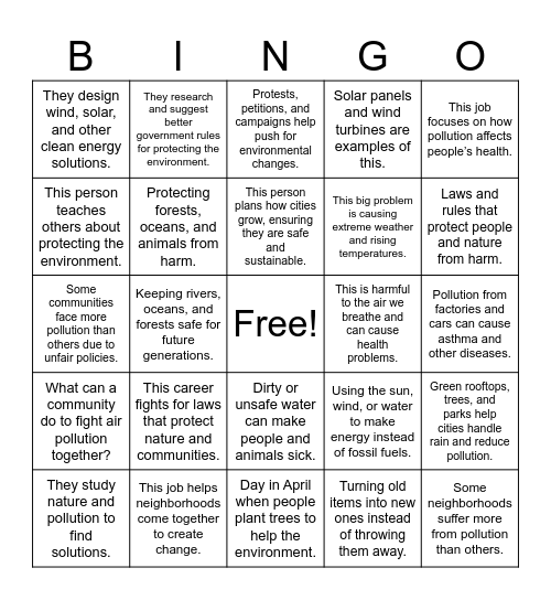Environmental Careers Bingo Card