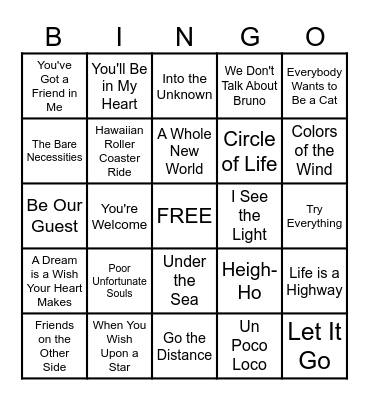 Disney Singo Bingo Card
