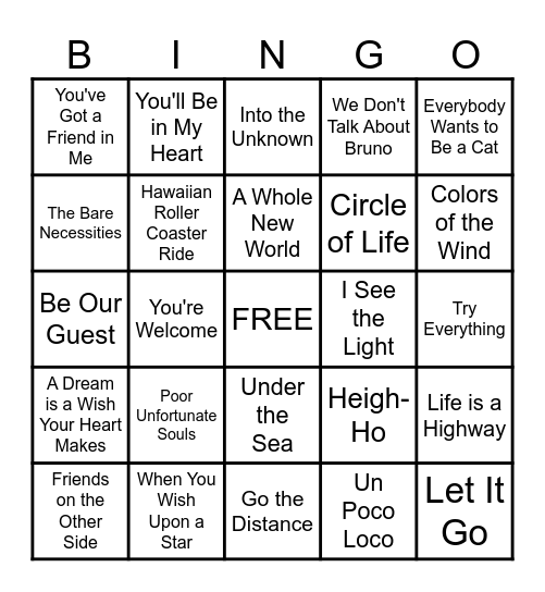 Disney Singo Bingo Card