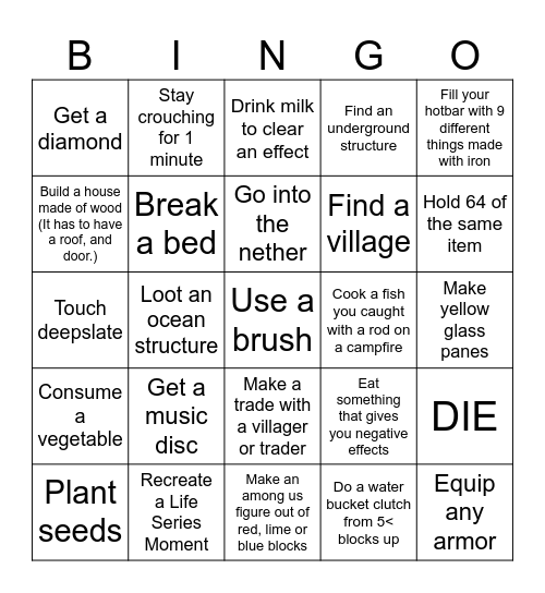 Minecraft knockout Bingo Card