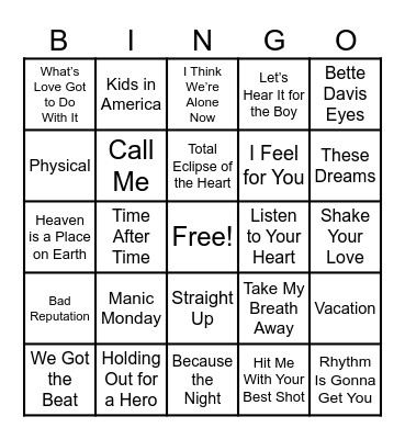 Ladies of the 80's Bingo Card