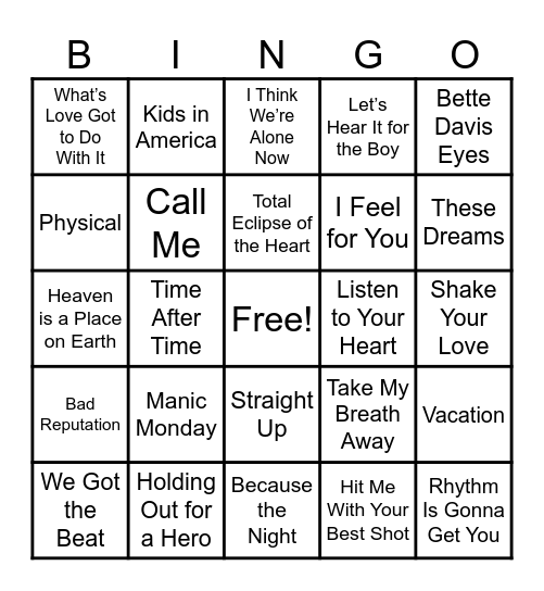 Ladies of the 80's Bingo Card