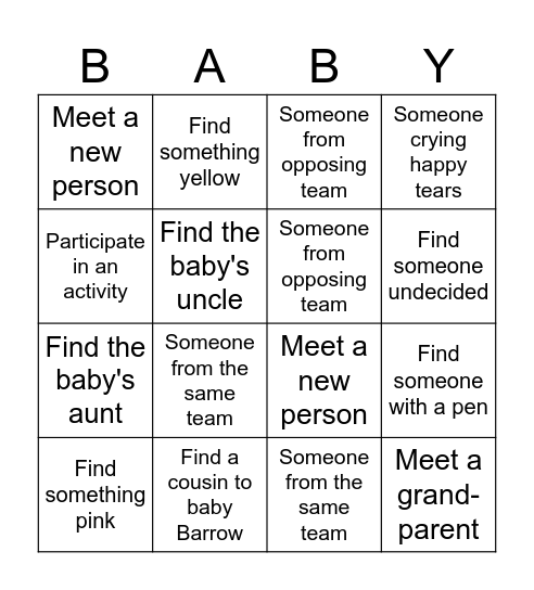 Baby Barrow's Gender Reveal Bingo Card